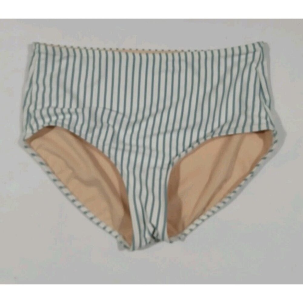 Albion High-Waist Bikini Bottoms in White with Teal Stripes